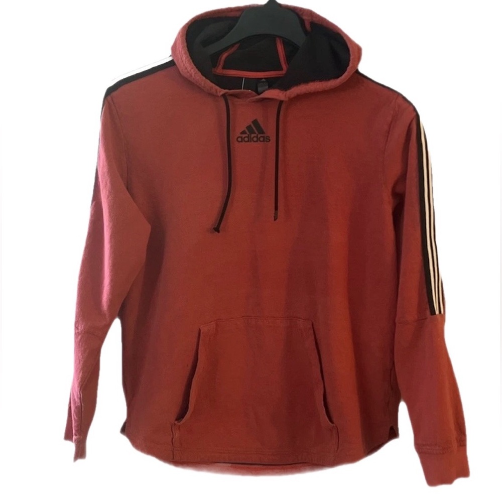 Adidas Mens Grunge Striped Faded Red Pullover Hoodie Large Cotton Distressed Y2K